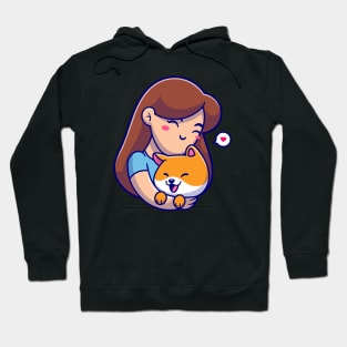 Cute Girl Hug Shiba Inu Dog Cartoon Hoodie